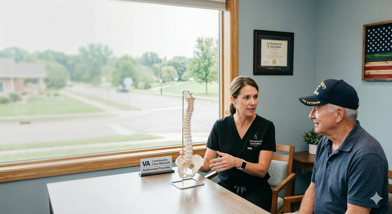 Authorized VA Community Care chiropractor explaining treatment plan to a veteran in the Carver, MN office.